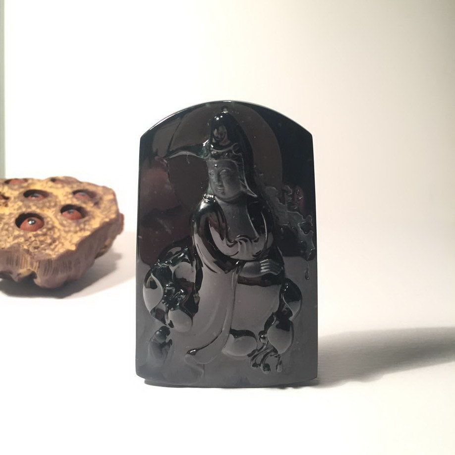 大師作品 墨翠雪花棉觀音牌