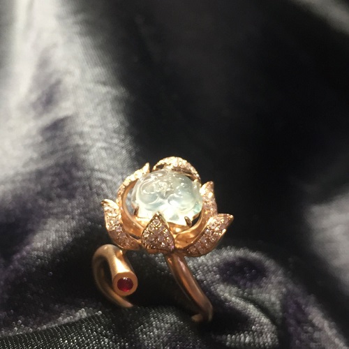 天然A貨翡翠 18k金鑲鉆 玫瑰戒指