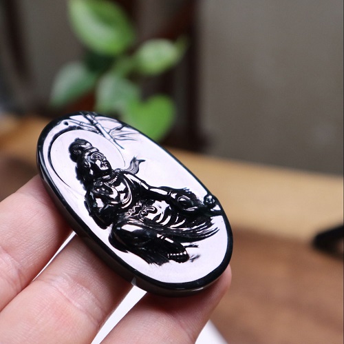 大師作品 墨翠雪花棉觀音牌